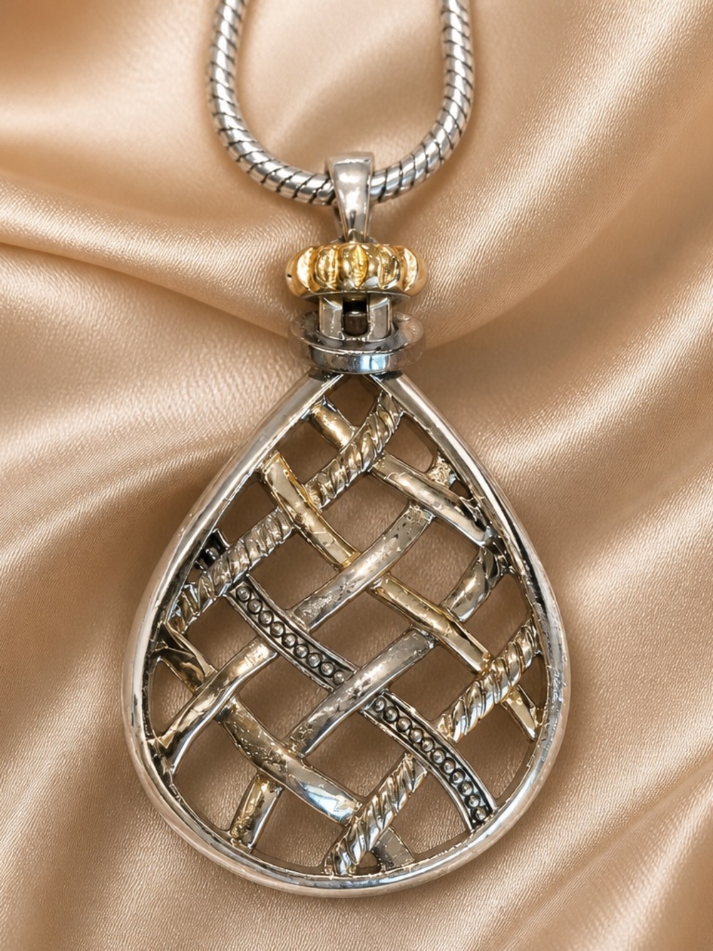 Alfani Two-Tone Lattice Teardrop Pendant Necklace - Silver and Gold